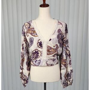 Band of the Free Crop Top Balloon Sleeve Lace Paisley Cream Purple Medium New